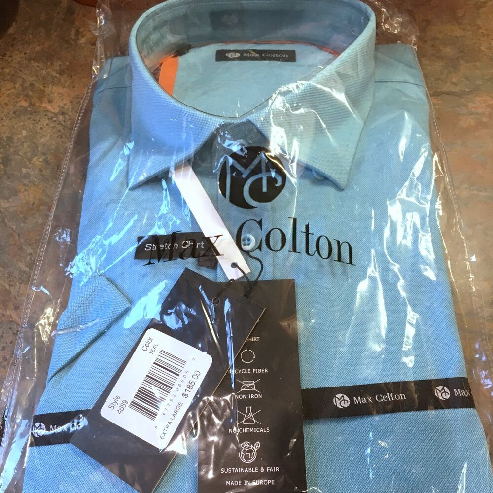 MAX COLTON Men's Teal Blue Jersey Stretch Short Sleeve Shirt-XL, NWT
